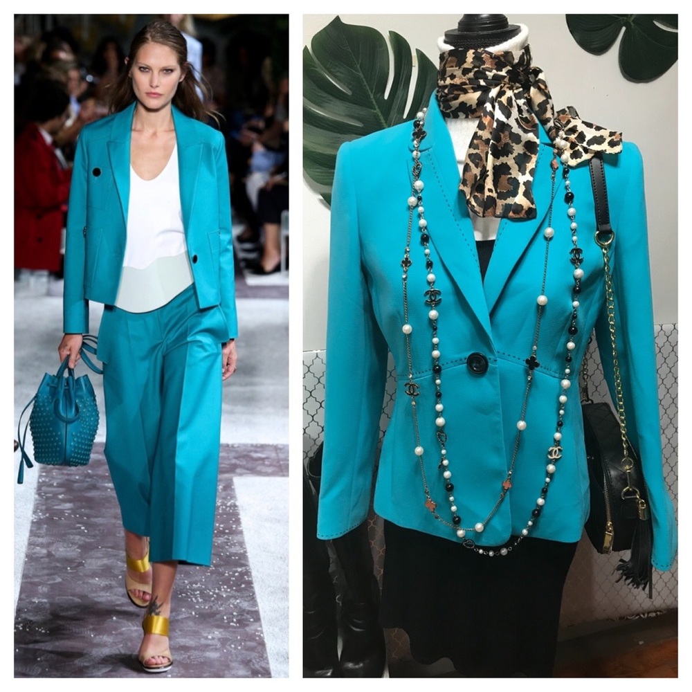 Tahari Turquoise lined blazer w/ black stitching